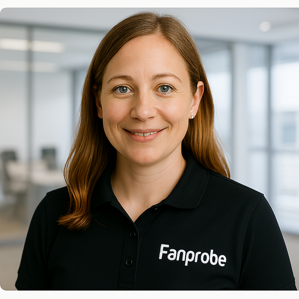 A woman with shoulder-length red hair wearing a black polo shirt with 'Fanproof' logo in an office setting.