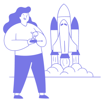 A person with long hair holding a small rocket model, with a large rocket launching in the background.