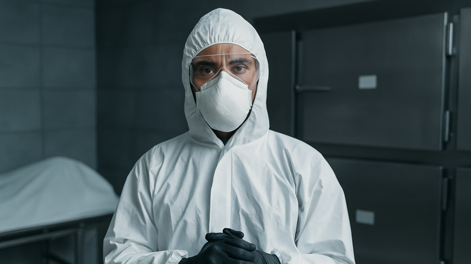A healthcare worker dressed in protective gear, including a white suit, face mask, goggles, and gloves, standing in a clinical setting.