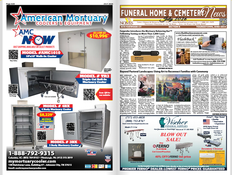 Fanprobe Mortuary Balancing Bar featured in the July 2026 edition of Funeral Home and Cemetery News