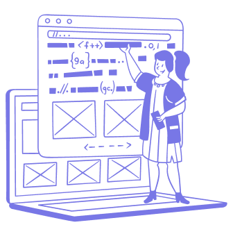 Line drawing of a woman in front of a large computer screen, pointing to a wireframe webpage layout.