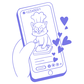 Line drawing of a hand holding a smartphone with a cartoon cat wearing a chef's hat on the screen, surrounded by floating hearts.