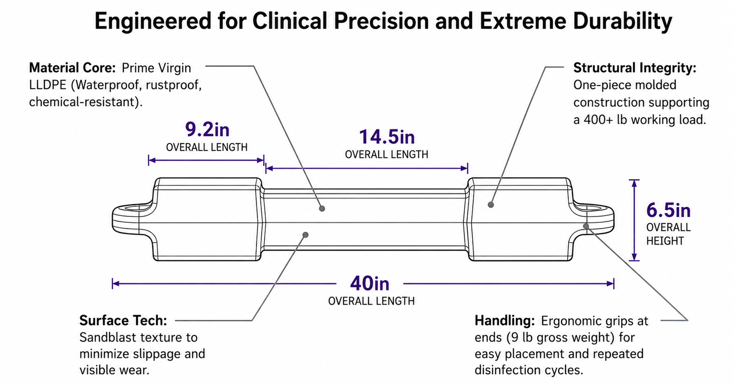 Technical diagram showing the Mortuary Balancing Bar dimensions, material, surface texture, construction, and handling features