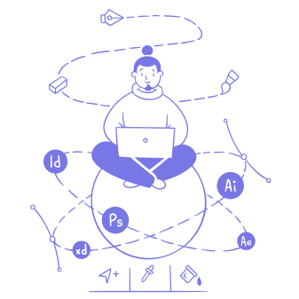 A cartoon of a person sitting cross-legged with a laptop, surrounded by orbiting symbols representing AI, programming, and data, drawn in a digital style.