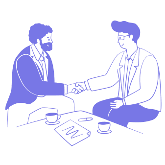 Two men in suits shaking hands during a meeting, with glasses of water and documents on the table.