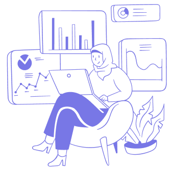 Illustration of a woman sitting on a chair with a laptop, surrounded by various charts and graphs on screens, in a work or data analysis setting.