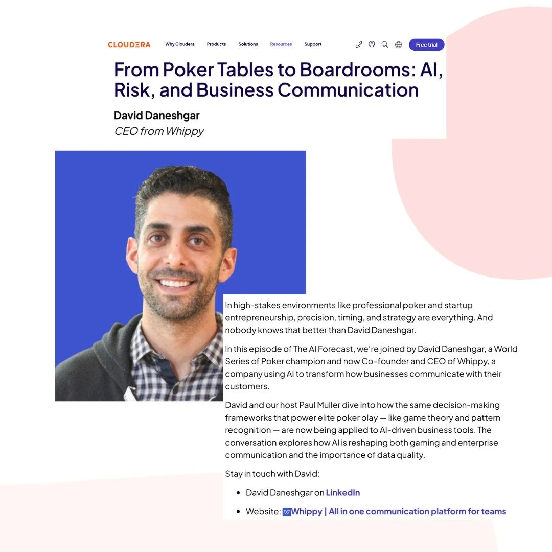 Earlier this year, @whippyai's co-founders appeared in separate interviews on Cloudera's podcast, The AI Forecast. They discussed everything from how AI is revolutionizing client interactions to the ways companies can implement it for their teams.

#