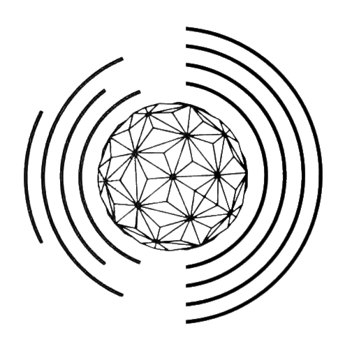 A digital illustration of a network sphere with geometric patterns, surrounded by concentric curved lines, in black and gray tones.