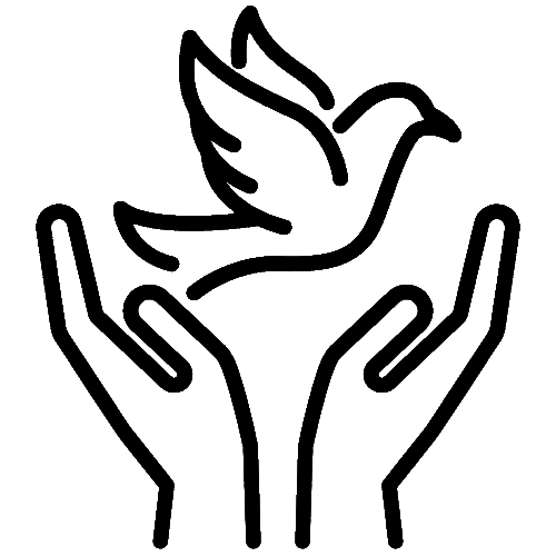 Outline drawing of two hands holding a bird with wings spread upward.