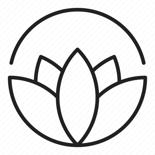 Line drawing of a blooming lotus flower enclosed in a circle.