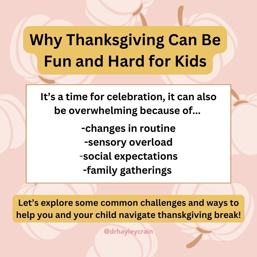 Thanksgiving can be fun AND overwhelming for kids and parents, especially with changes in routine and sensory overload. Here are some tips that will hopefully help make it a little easier 🍂

How do you help your child navigate the holiday season?

T