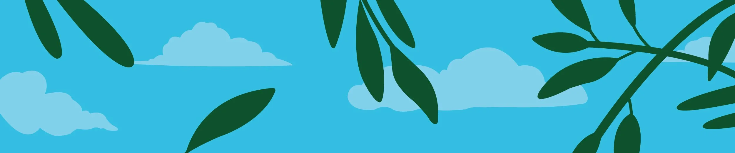 Destination DC event poster design detail showing a bright blue sky illustration with dark green bamboo leaves and soft clouds as a decorative cover graphic.