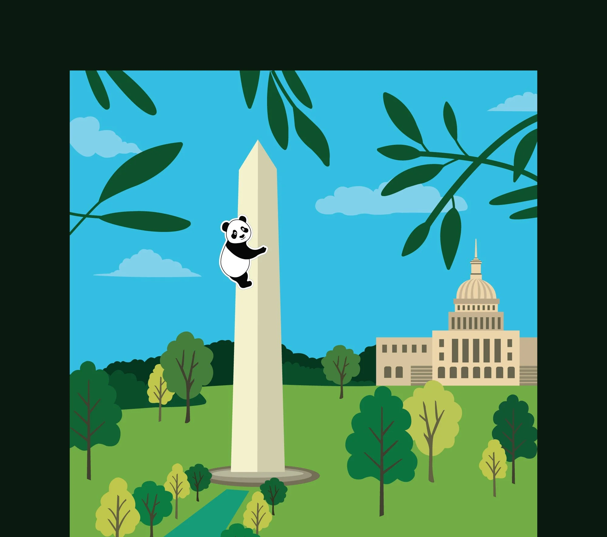 Destination DC open house event poster design illustration featuring a cartoon panda climbing the Washington Monument on the National Mall with the US Capitol building and bamboo leaves in the background.