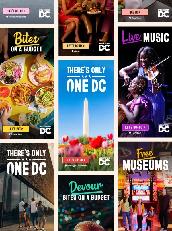 Yasmine Design Co. – Washington DC tourism digital display ad campaign mockup titled “There's Only One DC”, featuring a spring season vertical layout grid with ads for Bites on a Budget, Live Music, and Free Museums.