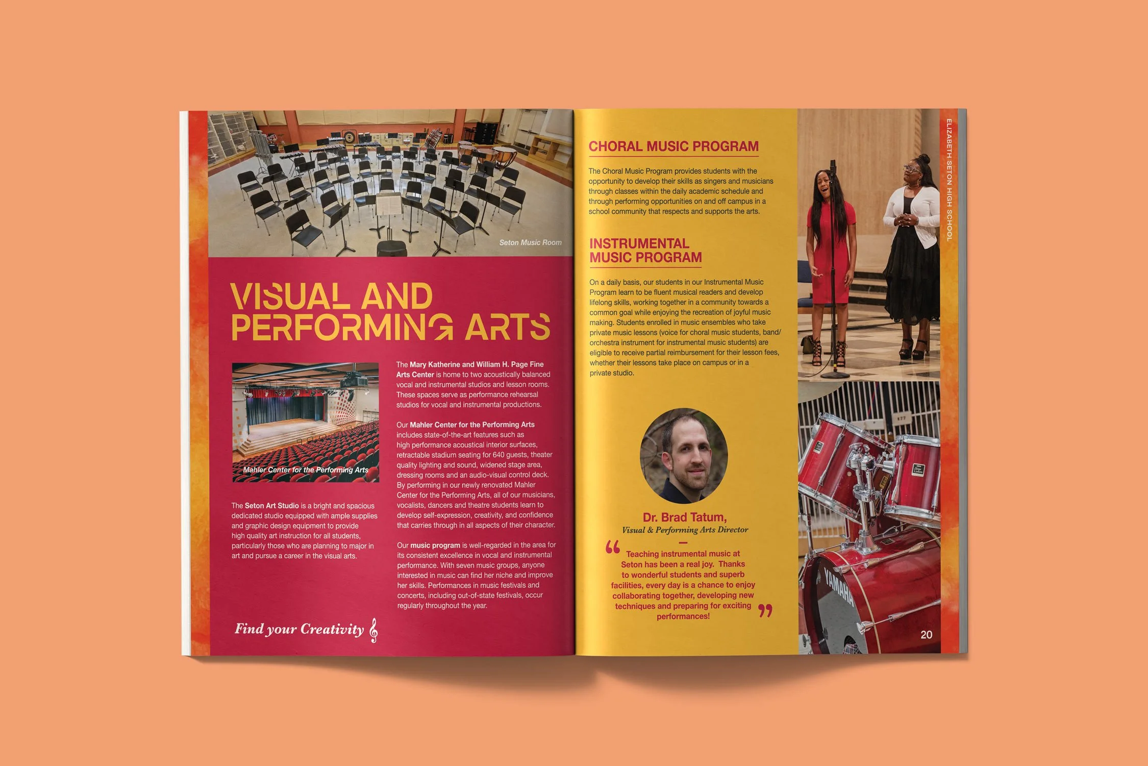 Yasmine Design Co. – Elizabeth Seton High School academic programs lookbook spread featuring visual and performing arts with editorial layout design, vibrant red and yellow color, watercolor textures, and bold, modern typography.