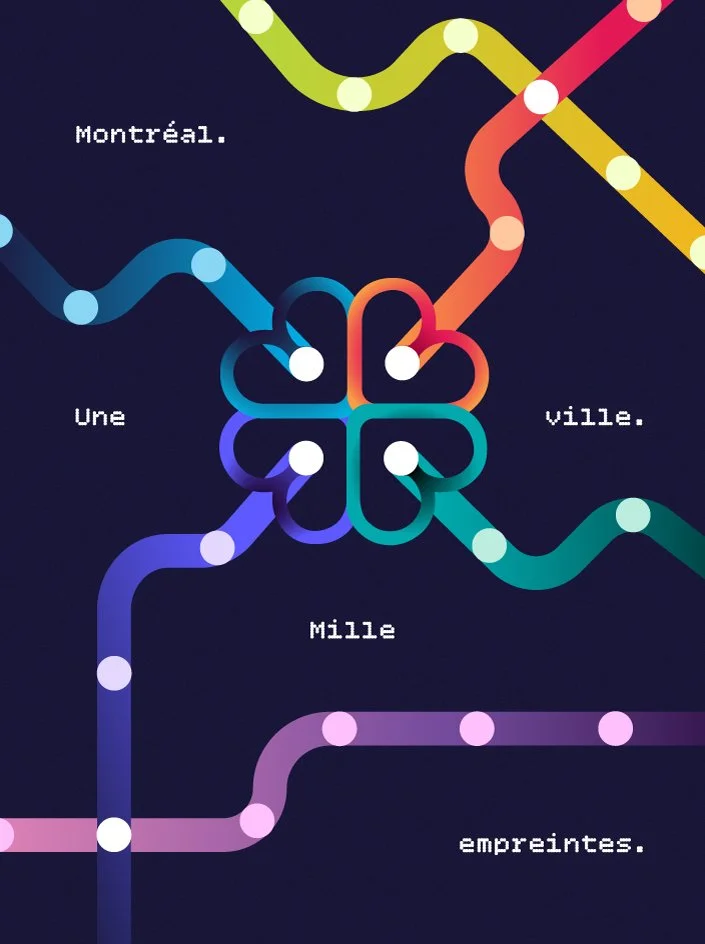 Empreinte Montréal – stylized Montreal metro map graphic with colorful intertwined lines forming a floral pattern on a dark background. Text reads: "Montréal. Une ville. Mille empreintes.