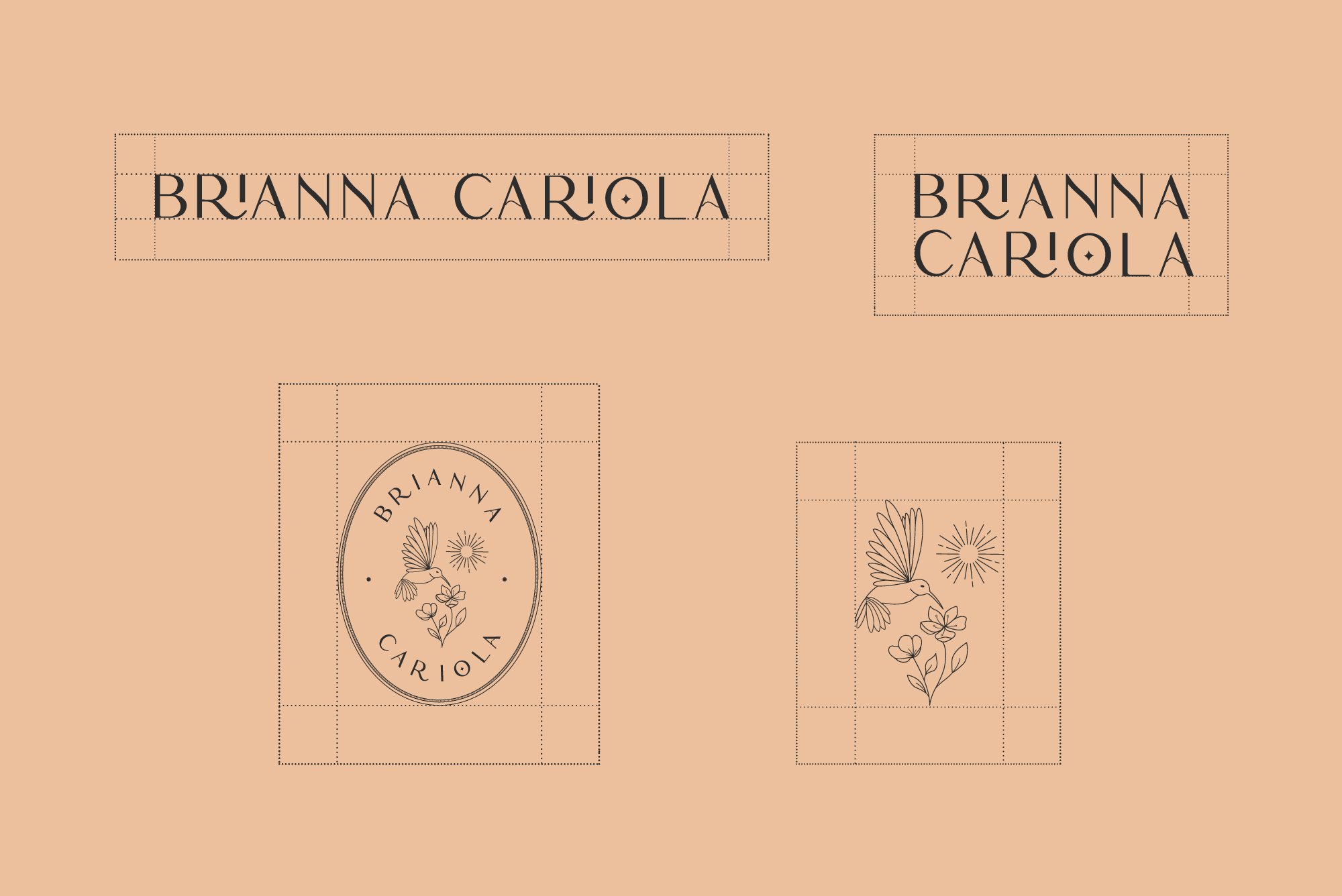 Brianna Cariola photography brand identity logo variations design mockup on a warm sand background showing the horizontal logotype, stacked logotype, oval badge alternate logo, and standalone hummingbird pictorial sub-mark with spacing guidelines.