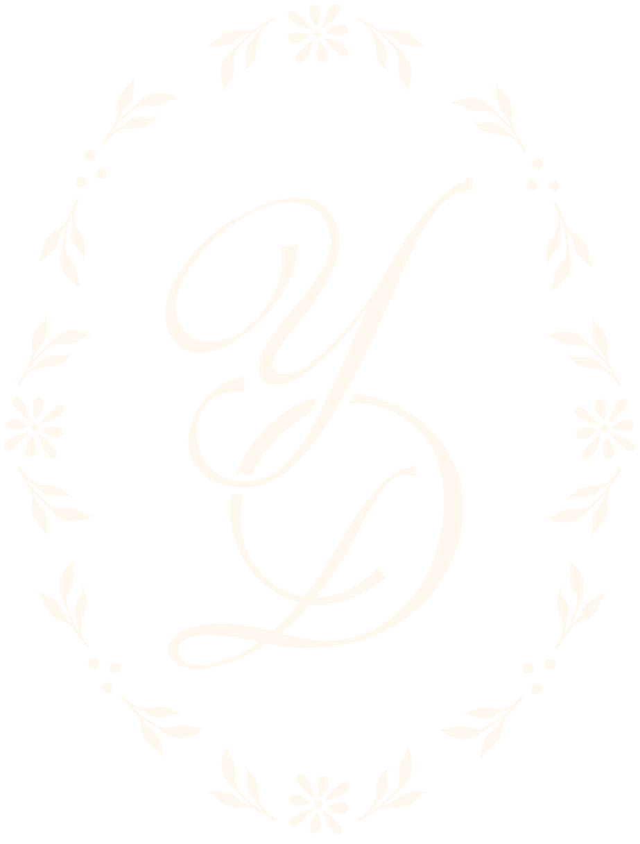 Yasmine Design Co. – primary logo in ethereal whisper, featuring a YD cursive monogram lettermark enclosed in an oval floral botanical frame with delicate leaves and daisy illustrations.