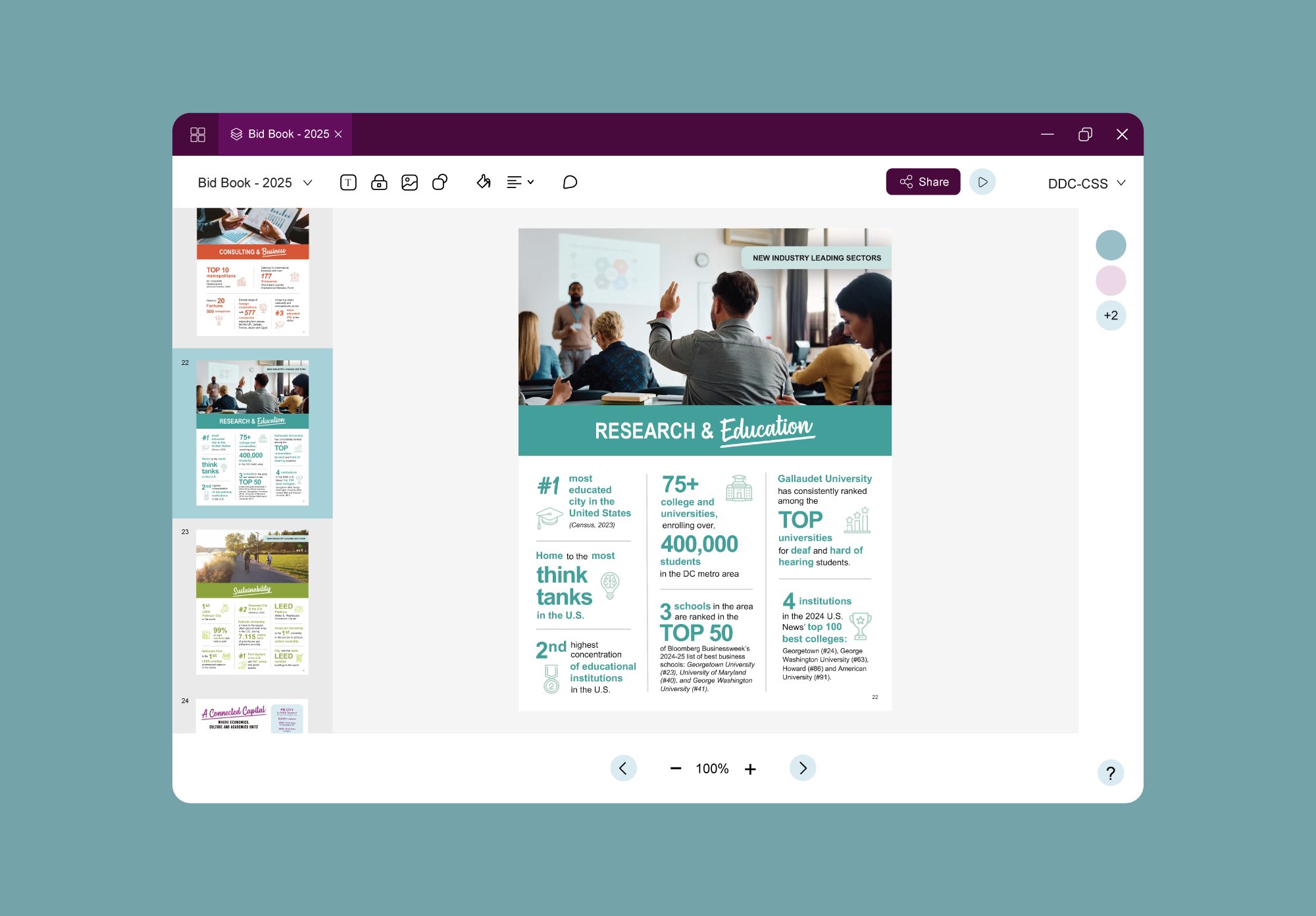 Bid Book presentation design showing the Research and Education infographic slide layout in Microsoft PowerPoint.