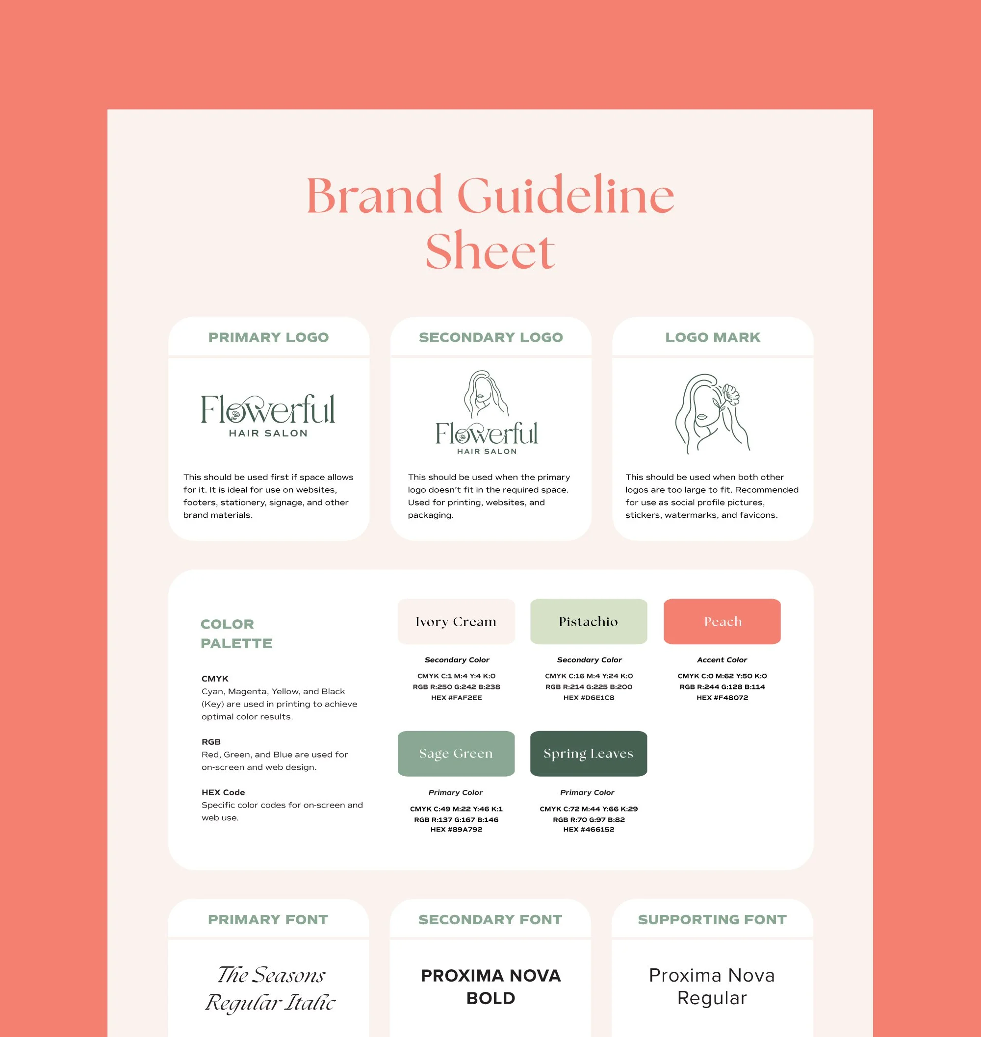 One-page brand guideline sheet for Flowerful Hair Salon showcasing logo variations, color palette, and typography system in a clean, modern layout.