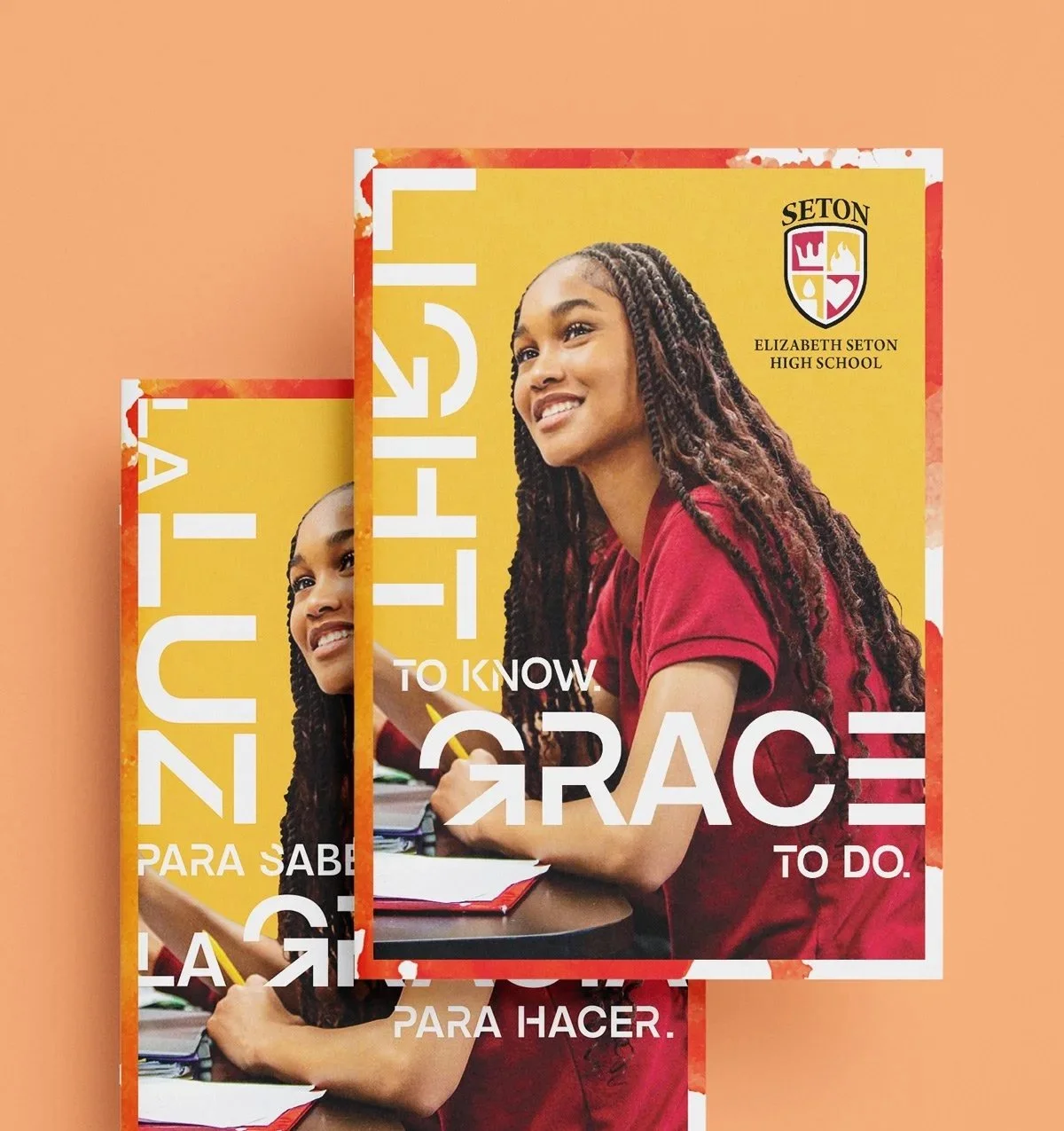Yasmine Design Co. – Elizabeth Seton High School lookbook design featuring bilingual English and Spanish book covers with bold typography, school crest, and the tagline "Light to Know, Grace to Do”.