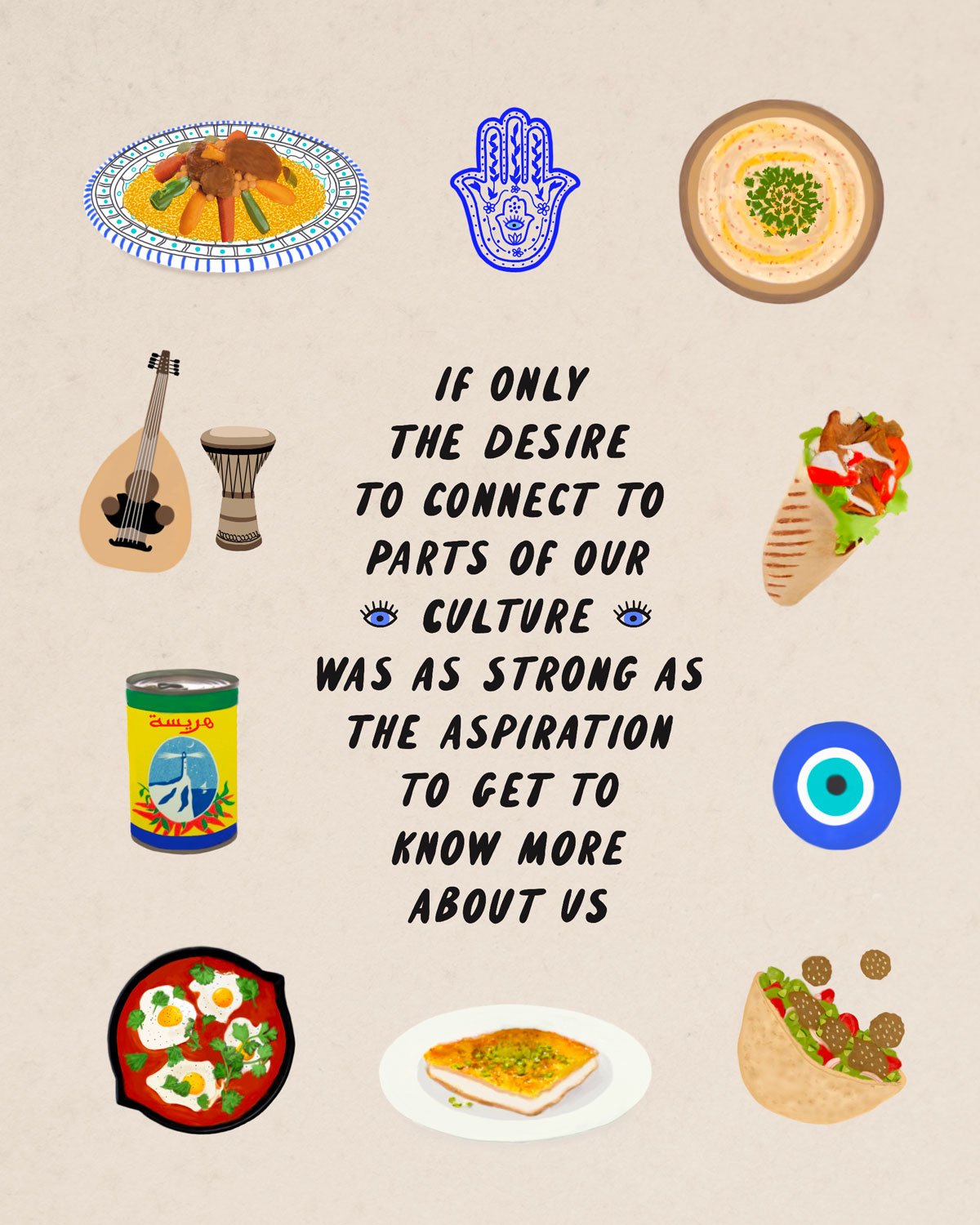 Arab culture celebration illustration art print featuring food and music icons including couscous, hummus, harissa, shawarma, falafel, oud, djembe drum, Hamsa hand, evil eye, and a central quote about the desire to connect to Arab cultural heritage.