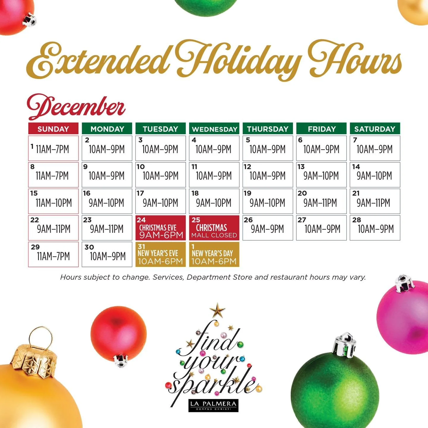 Extended holiday hours means extra shopping time! ⏰🎁 Individual store and restaurant hours may vary. Please contact the store directly to confirm hours of operation. 🎄🎅🏼