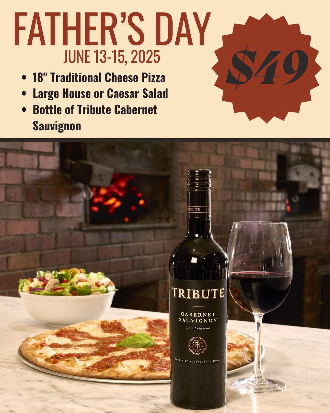 Treat Dad to a pie and wine at Grimaldi's this Father&rsquo;s Day! 🍕🍷 Now thru Monday, the $49 Father's Day Meal Deal includes an 18&quot; traditional pizza, large house or caesar salad, and bottle of Tribute Cabernet Sauvignon. 🤌🏻