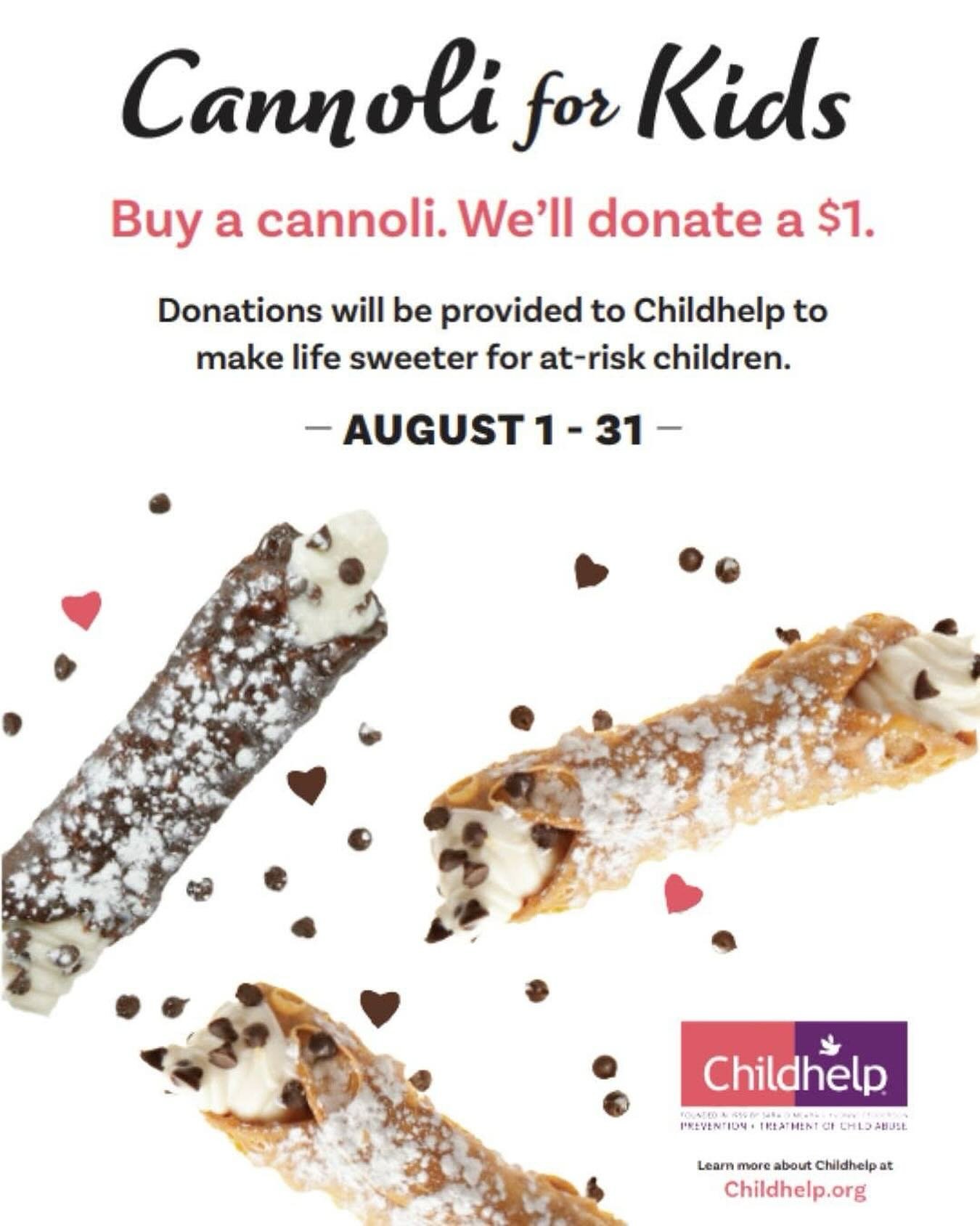 Cannoli for Kids is here! Support @childhelp with Cannoli for Kids at Grimaldi&rsquo;s. For every cannoli sold at @grimaldispizzeria throughout August, $1 will be donated to Childhelp to help provide safety, healing, and hope to children in need.

Ch