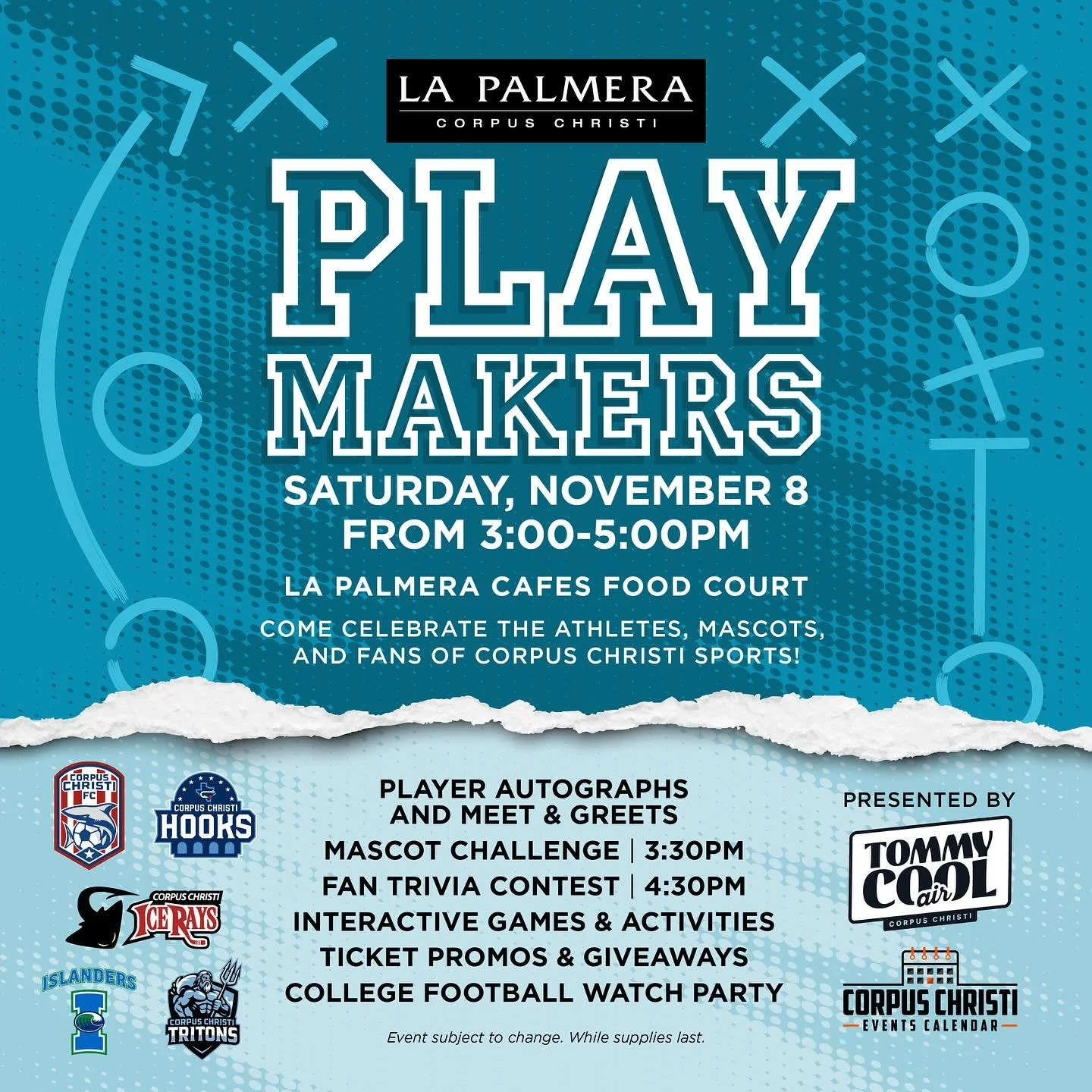 IT&rsquo;S GAME ON TOMORROW! Come celebrate the athletes, mascots, and fans of Corpus Christi sports on Saturday, Nov. 8 from 3pm-5pm in La Palmera Cafes Food Court! We&rsquo;ll be joined by Corpus Christi&rsquo;s elite. 
🏈⚽️🏒🏀⚾️ 

@tritonsarenafo