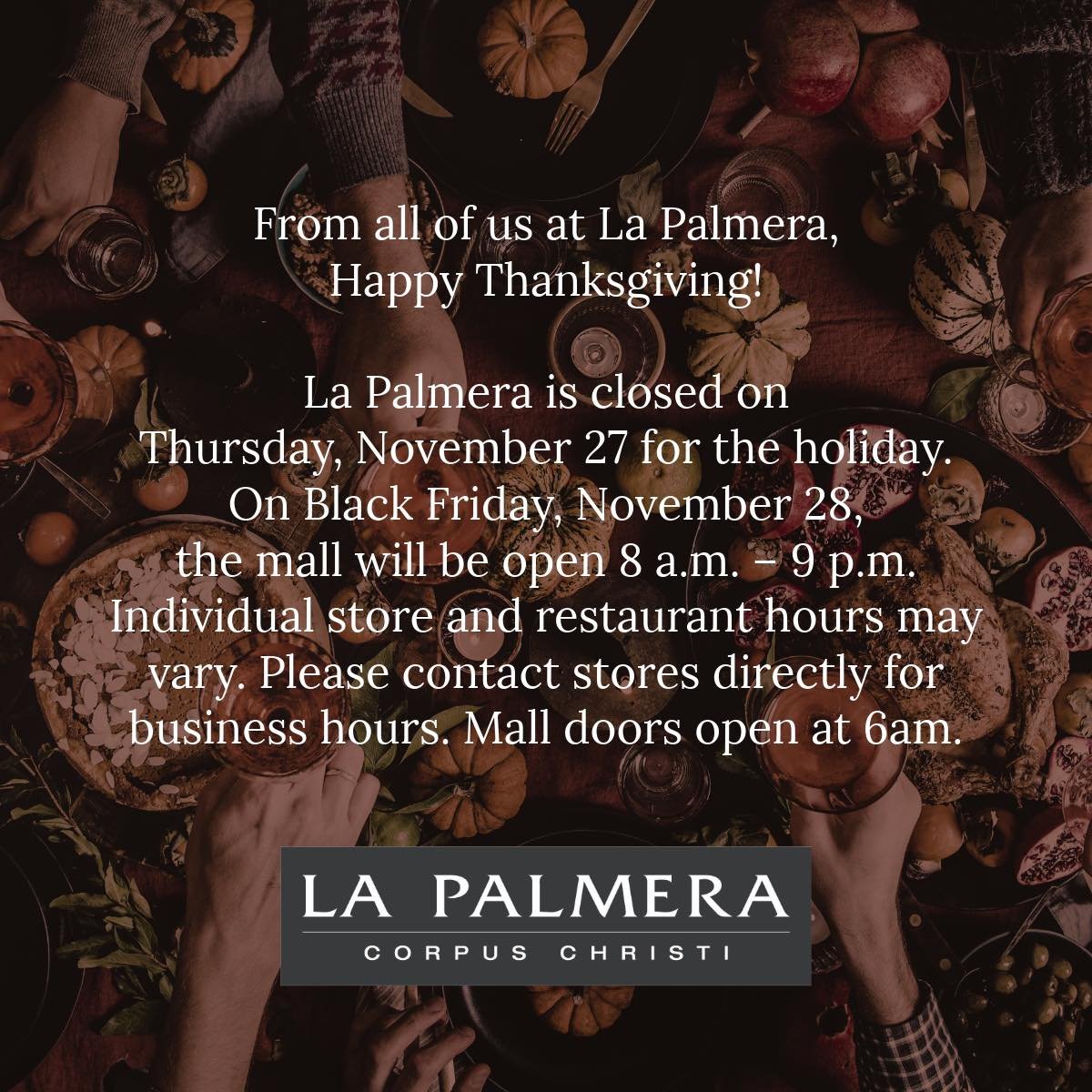 Happy Thanksgiving from all of us at La Palmera! 🍂🦃 We look forward to seeing everyone on Black Friday for the biggest shopping day of the year with huge savings! 💸🛍️