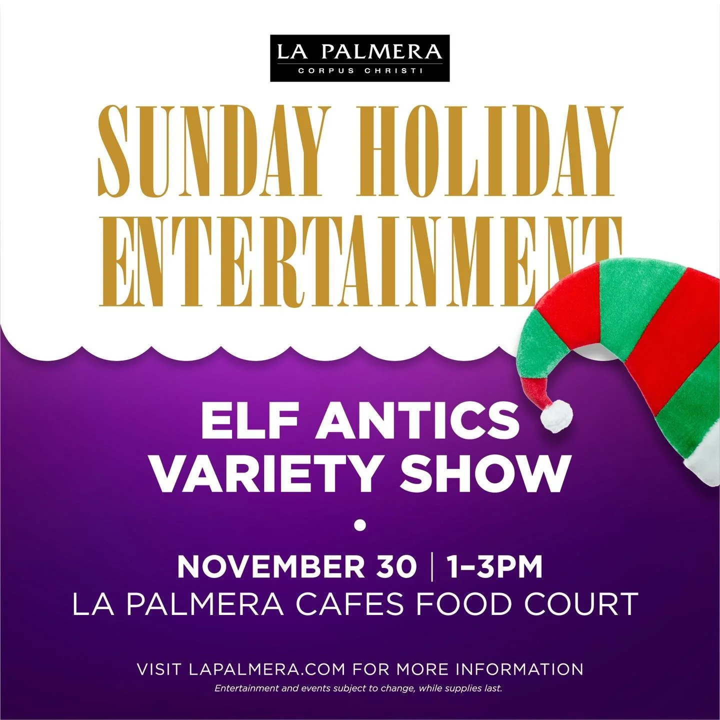 Our Sunday Holiday Entertainment continues with an Elf Antics Variety Show tomorrow from 1pm-3pm in La Palmera Cafes Food Court! 🎄👏 Bring the whole family for free holiday fun every Sunday at La Palmera! 🎅🏼
