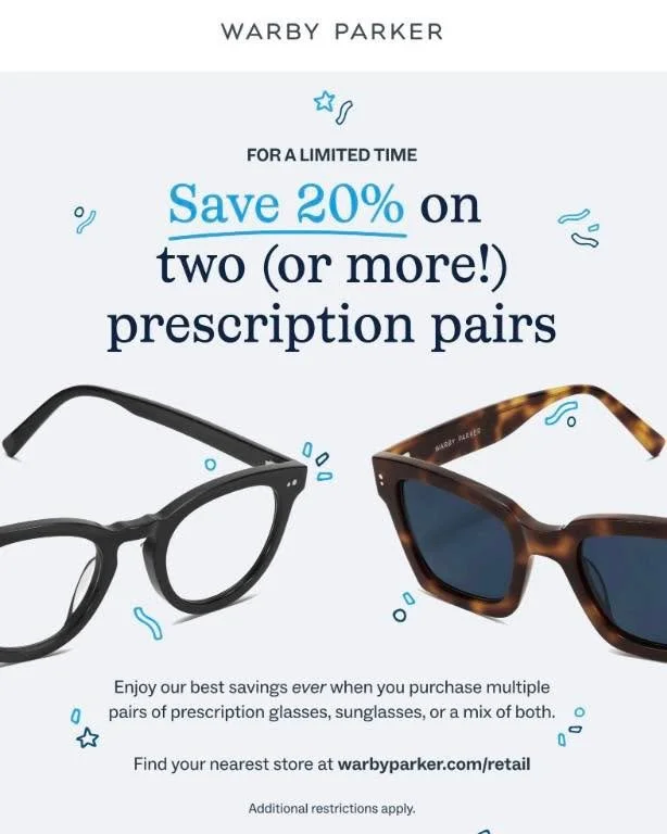 For a limited time at Warby Parker, get 20% off two (or more!) pairs of prescription eyeglasses or sunglasses. Swing by the store at La Palmera, located in Center Court (next to Santa 🎅🏼 😉), to find your frames. 👓🎁