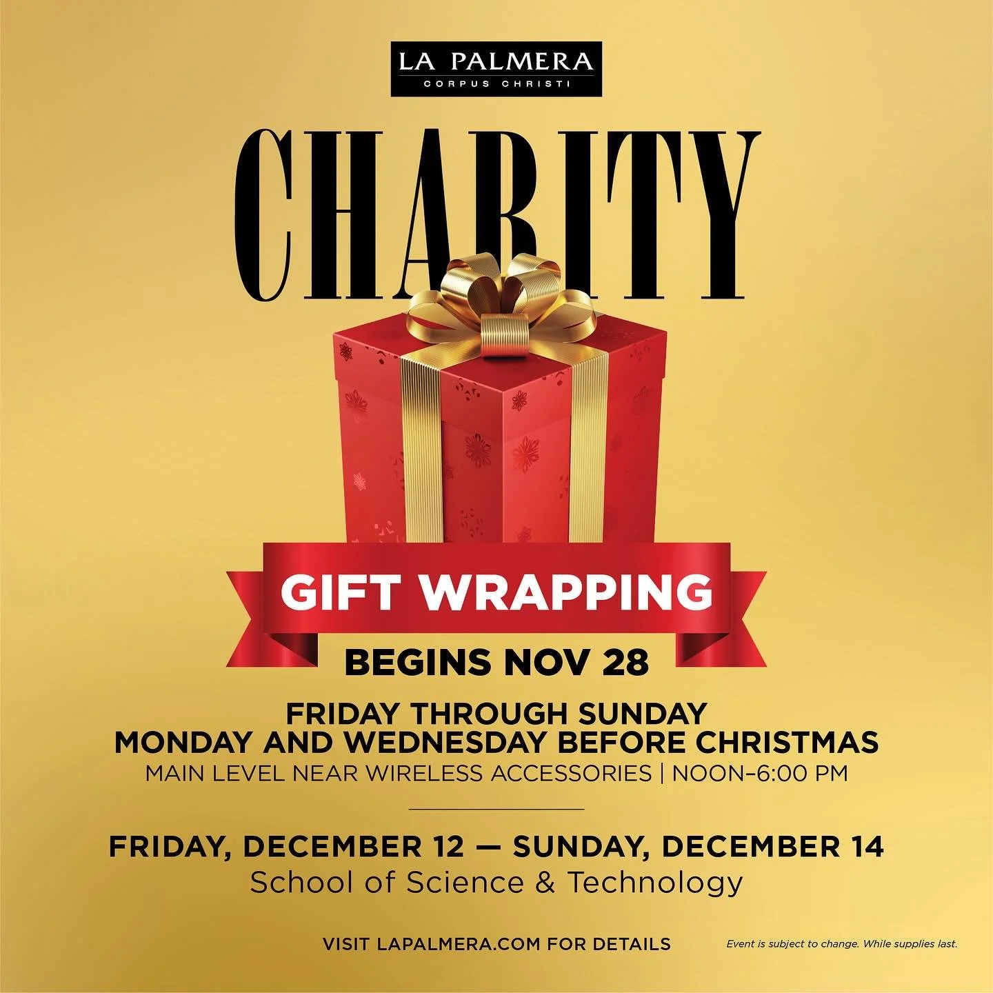 Support the School of Science and Technology by having your gifts wrapped by their team of elves today-Sunday! Shoppers can take advantage of La Palmera&rsquo;s charity gift-wrapping service where local charity volunteers provide wrapping services fo