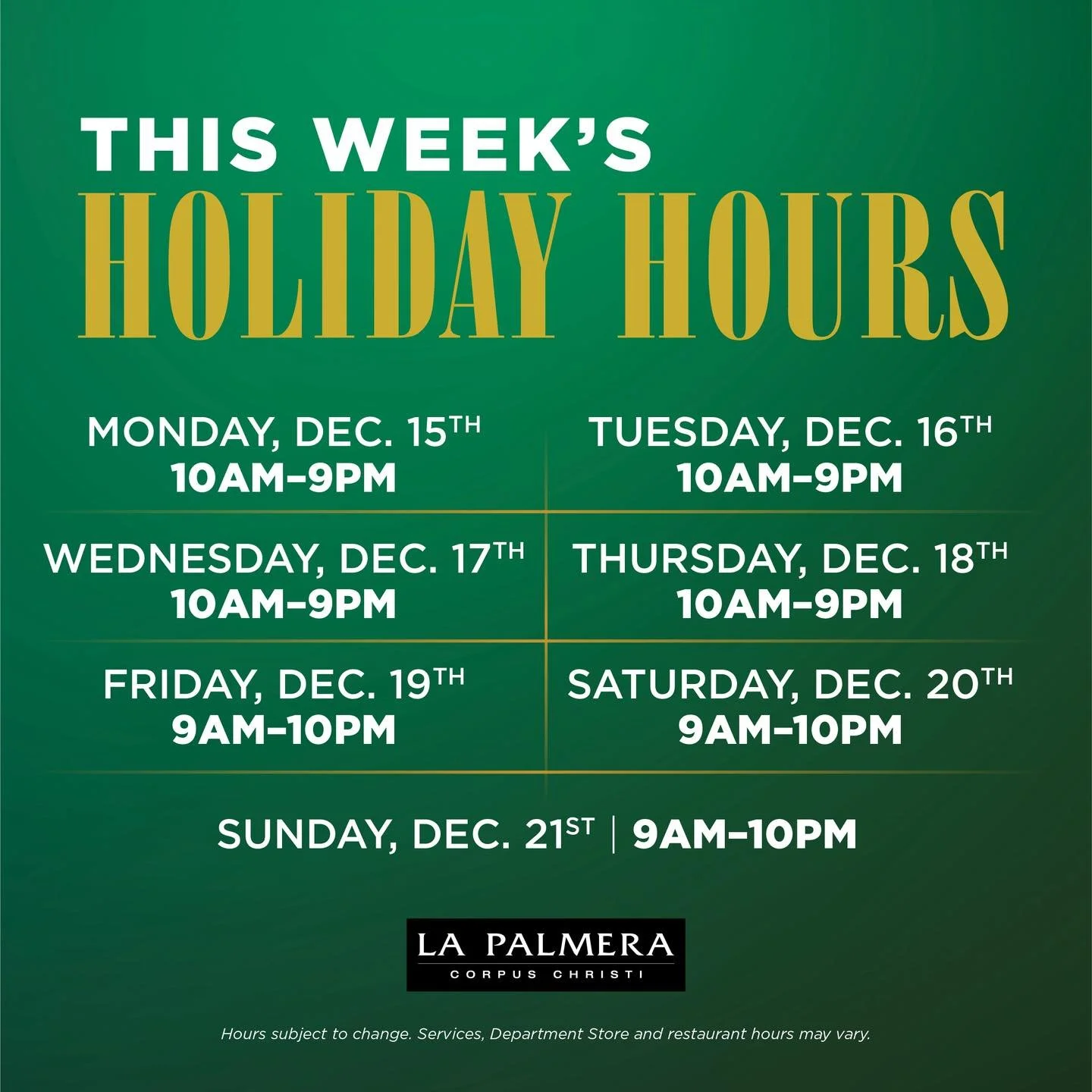 Time is ticking! ⏰🎅🏼 Check out our extended hours this week for optimum holiday shopping. 🎁 Individual store and restaurant hours may vary. Please contact stores directly for their business hours.