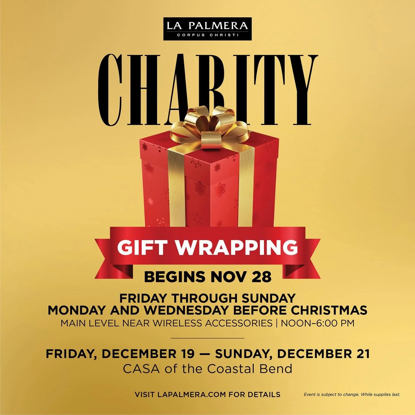 Support @coastalbendcasa this weekend at La Palmera and have their team of elves wrap your gifts! 🎁 Shoppers can take advantage of La Palmera&rsquo;s charity gift-wrapping service where local charity volunteers provide wrapping services for donation