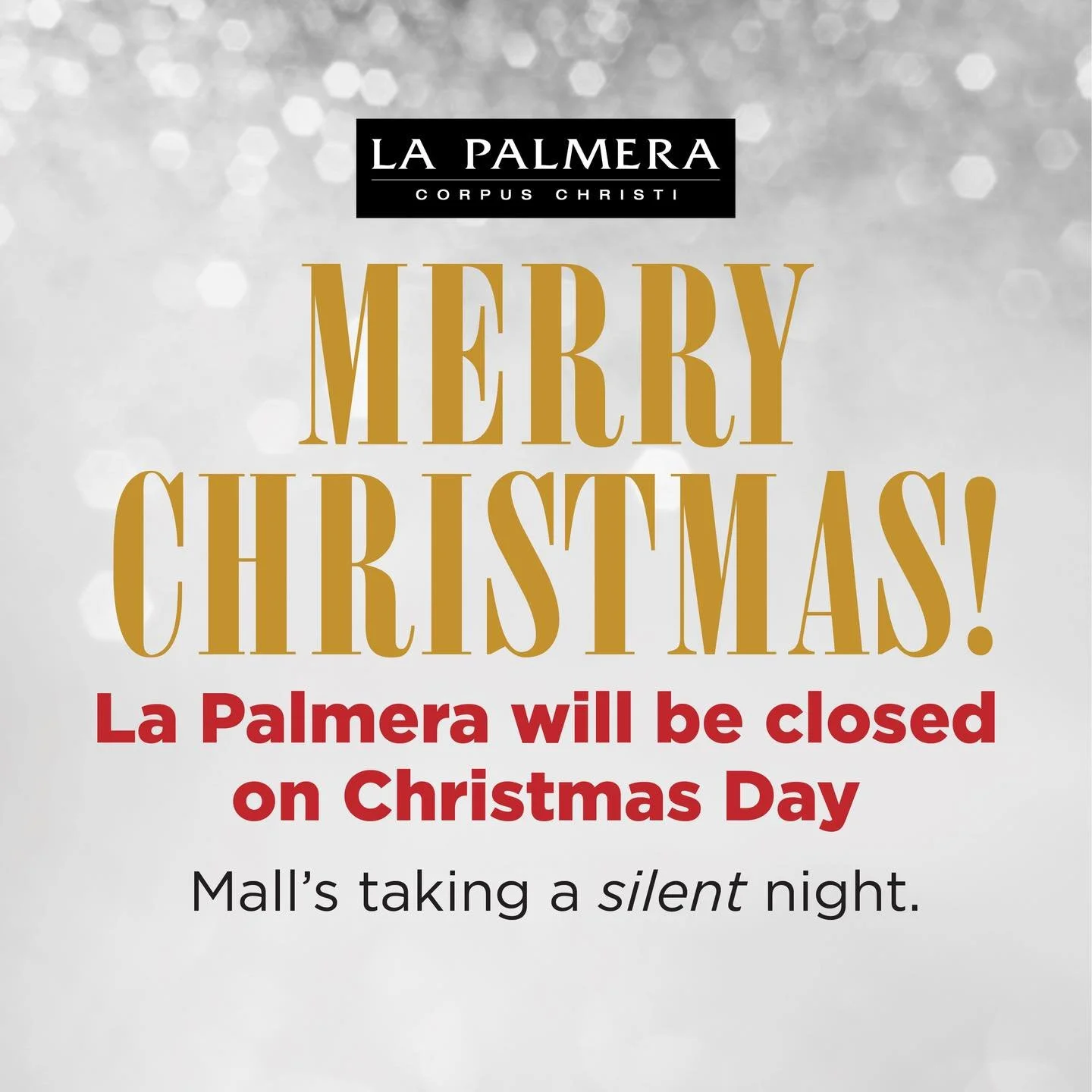 On behalf of the team at La Palmera and the staff at all our wonderful stores and restaurants, we wish everyone a very Merry Christmas! 🎅🏼 Thank you for making this the best holiday season yet. The mall will be closed on Christmas Day, but we will 