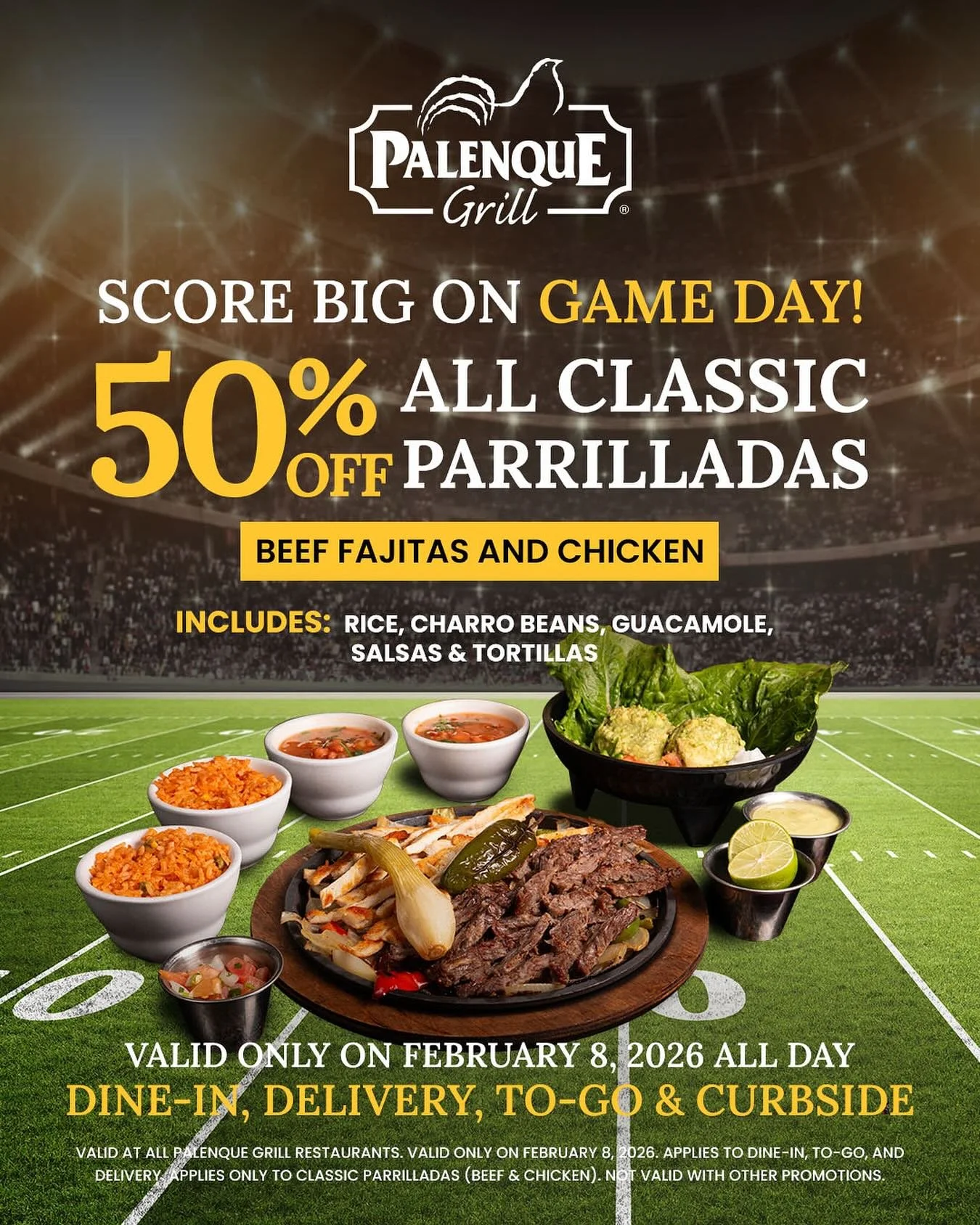 Super Bowl Special at Palenque Grill! 🏈🔥On Sunday, February 8, visit @palenque.grill and enjoy 50% OFF Parrilladas Cl&aacute;sicas for 2, 3, or 4 people. Available for dine-in &amp; delivery.
Perfect for sharing on game day with great food and grea