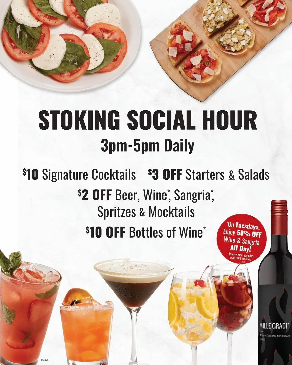 Stoking Social Hours now happening at Grimaldi's! Daily from 3pm &ndash; 5pm, while they are stoking their coal brick ovens, guests can enjoy:
* $10 Signature Cocktails
* $3 Off Starters &amp; Salads
* $2 Off Beer, Spritzes, Mocktails, Wine** &amp; S