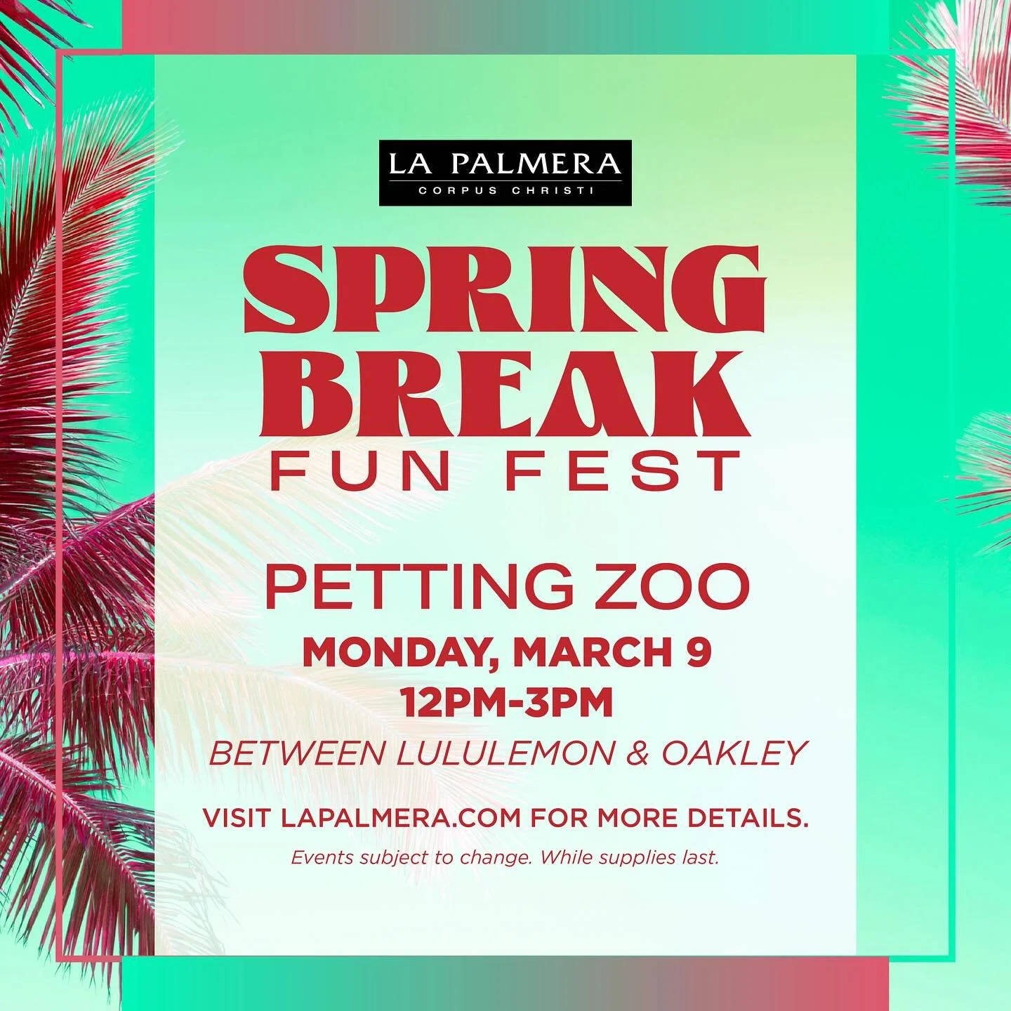 La Palmera kicks off Spring Break tomorrow with a fan favorite!🐣 Shoppers can get upclose and interact with cuddly farm animals at our Petting Zoo from 12pm-3pm on Monday, March 9, located between Oakley and Lululemon. 🐐🐖🐥

Follow us for more dai