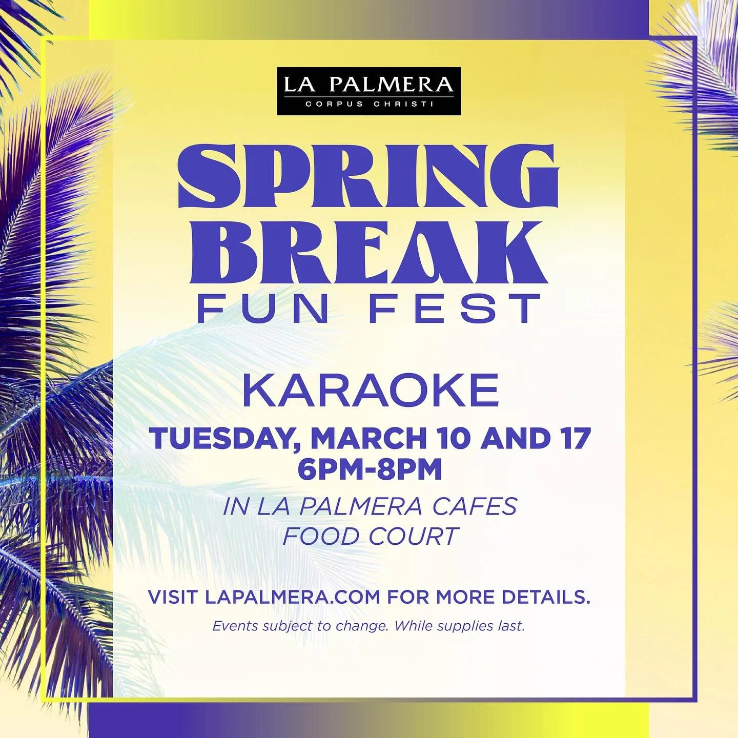 Step into the spotlight for Karaoke at La Palmera with @phillhand on Tuesday, March 10 and March 17 from 6pm-8pm!🎤🎶 All ages, all voices (good and bad!) are encouraged to take center stage and serenade the entire Food Court for FREE! Follow us for 