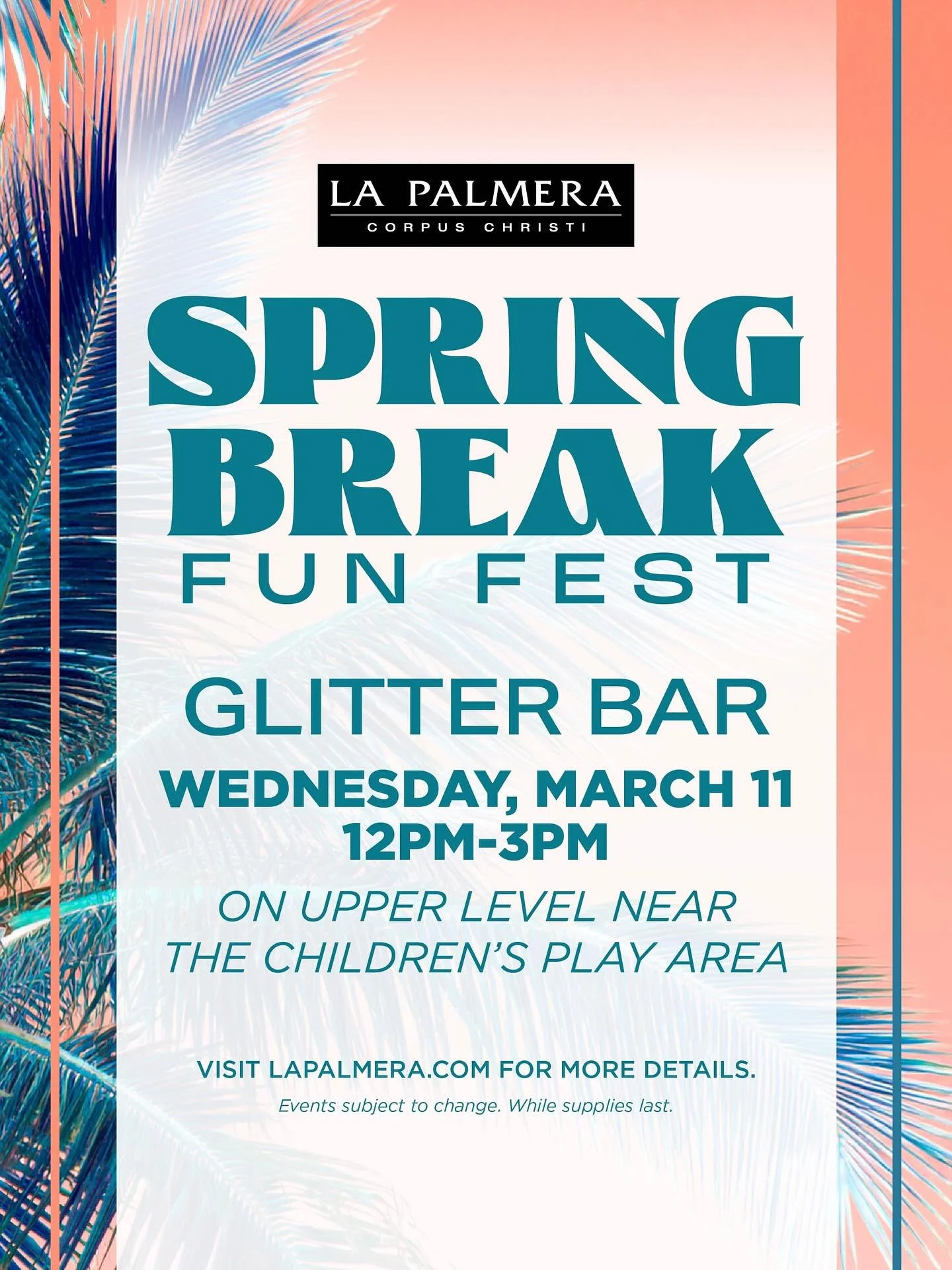 Sparkle ✨ for spring break with our Glitter Bar thanks to @bloombeautycc on Wednesday from 12pm-3pm on the upper level. All ages are welcome (while supplies last) to get a touch of extra! 🧨