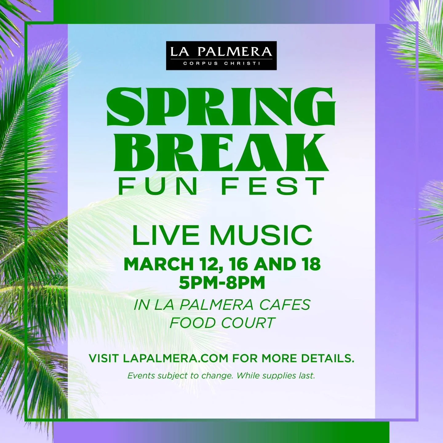 The spring break fun continues as one of our favorite musicians takes The Stage TODAY from 5pm-8pm! 🎶🤘🏼Shop spring styles then grab a bite in La Palmera Cafes Food Court to hear music by damonscottieb. 😎