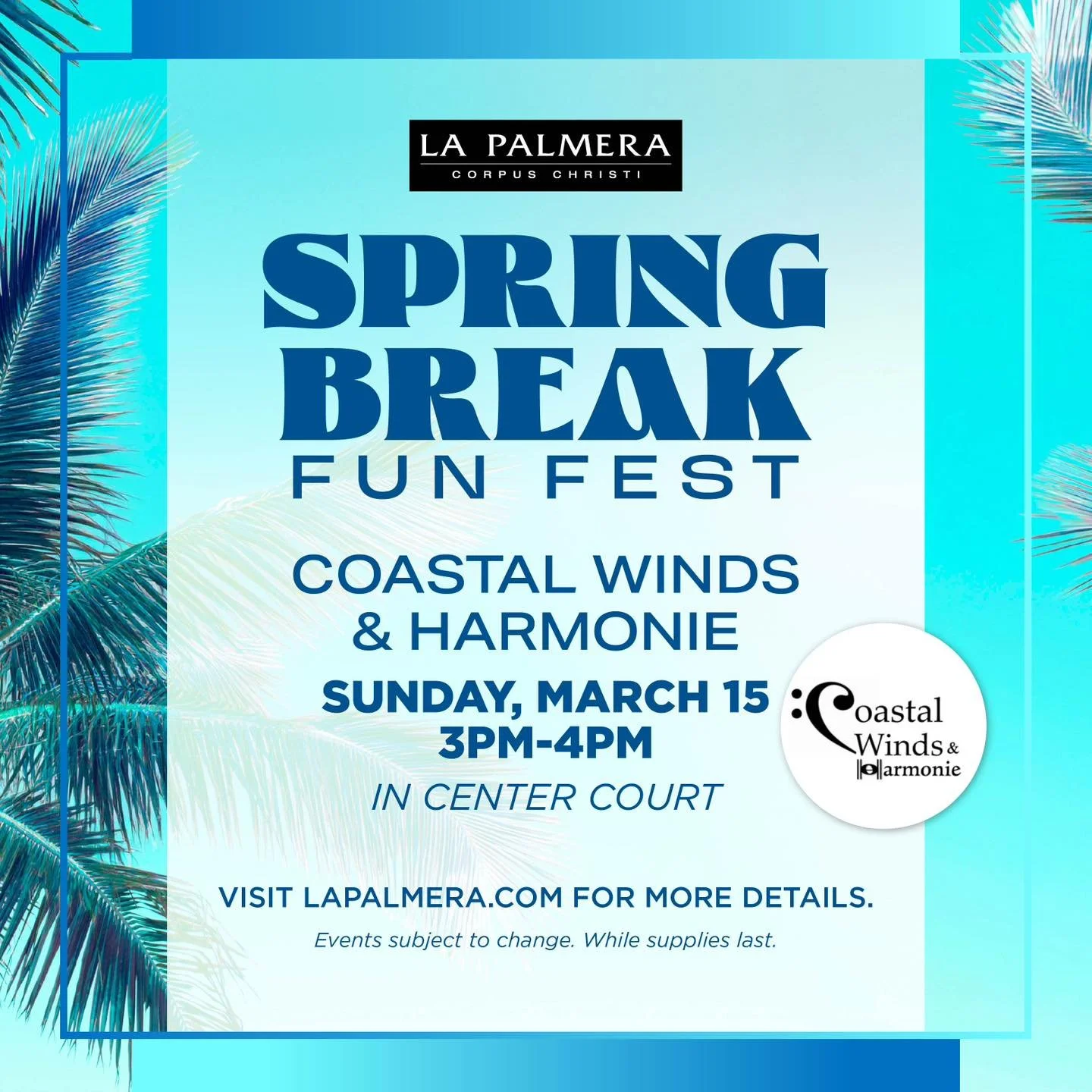 What to expect at La Palmera this Sunday? 🪈🎶 Enjoy uplifting and inspiring music by Corpus Christi&rsquo;s largest wind ensemble from 3-4pm in Center Court. Guests will hear familiar favorites and beautiful selections reimagined for wind instrument
