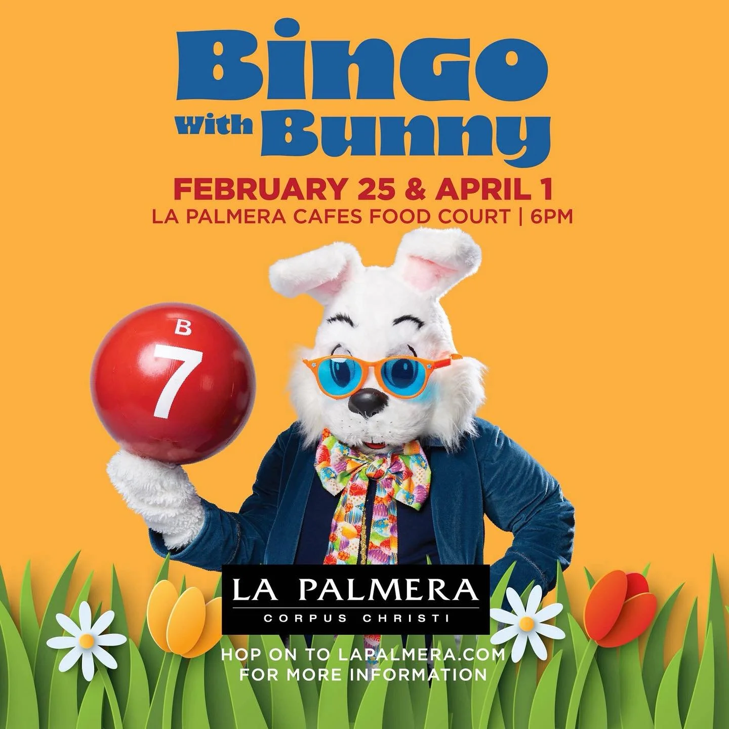 Hop on down to La Palmera for &ldquo;Bingo with Bunny&rdquo; on Wednesday, April 1, beginning at 6 p.m. in the La Palmera Caf&eacute;s Food Court. In addition to a special appearance by the Easter Bunny himself, we&rsquo;ll have five rounds of tradit
