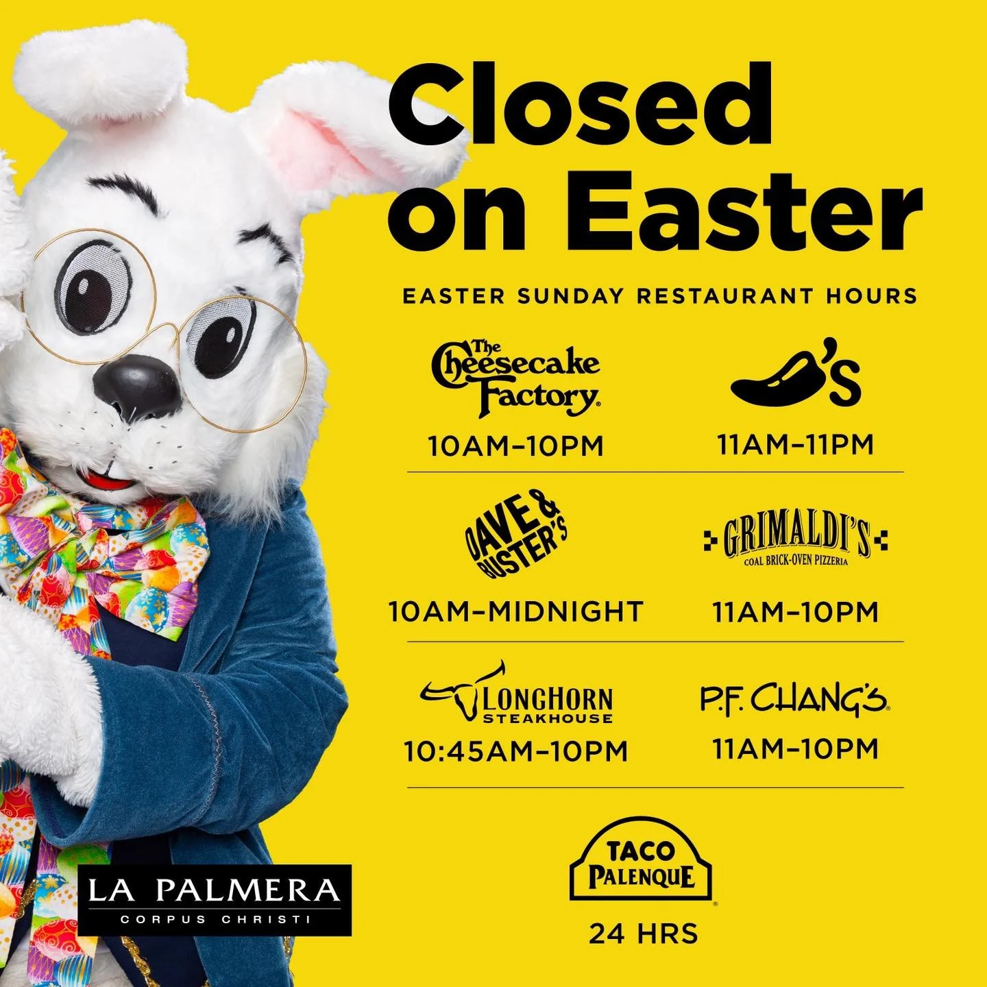 Happy Easter from La Palmera! The mall is closed on Easter Sunday, but we encourage everyone to hop into any of our dine-in restaurants to celebrate the holiday. 🐰🥕🥚