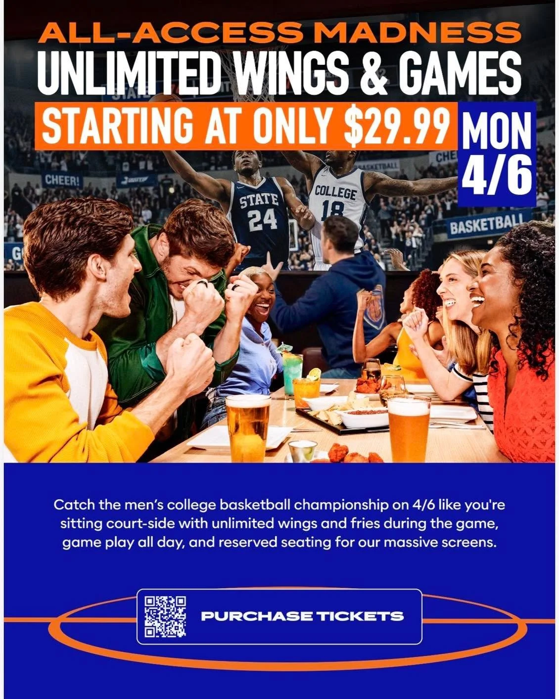 Watch the Men&rsquo;s College Basketball Championship 🏀🏆 TOMORROW (Monday) on the massive screens 📺 at @daveandbusters.cctx PLUS unlimited wings and fries! 🍗🍟