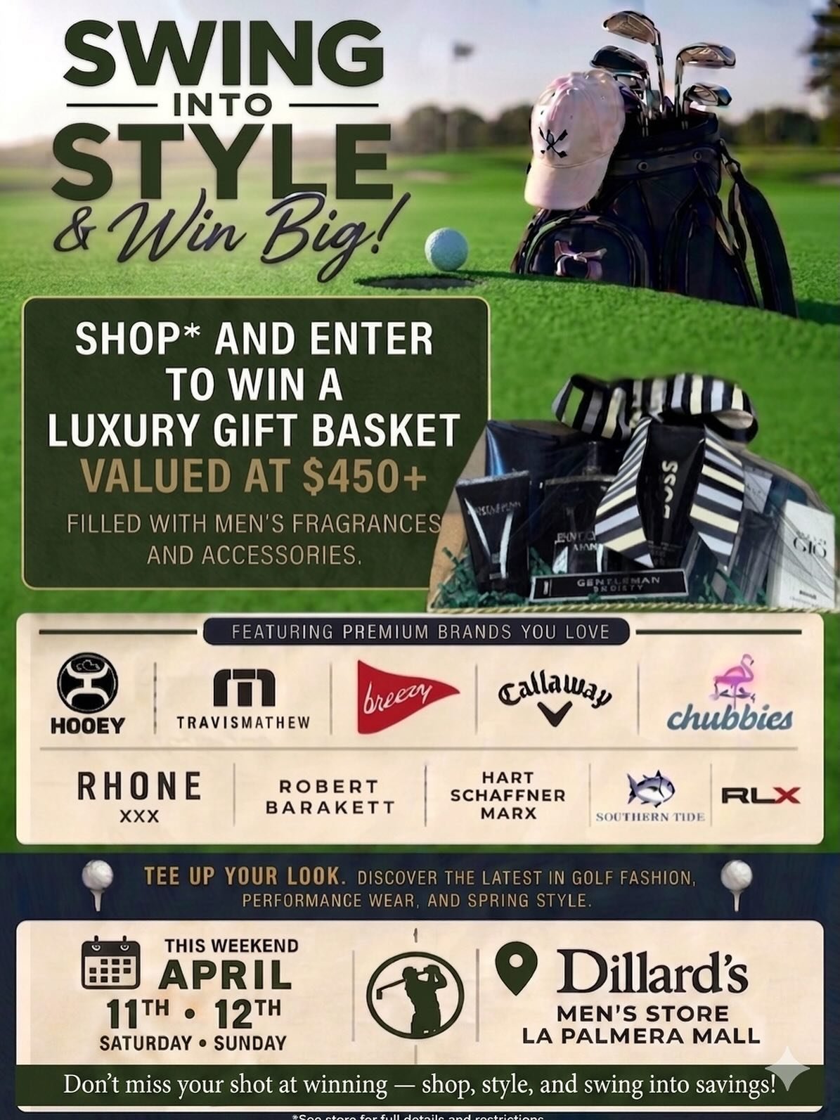 Happy Masters Weekend! ⛳️ Don&rsquo;t miss your shot at winning a men&rsquo;s luxury gift basket with top-of-the-line fragrances and accessories at @dillardslapalmera Saturday and Sunday.