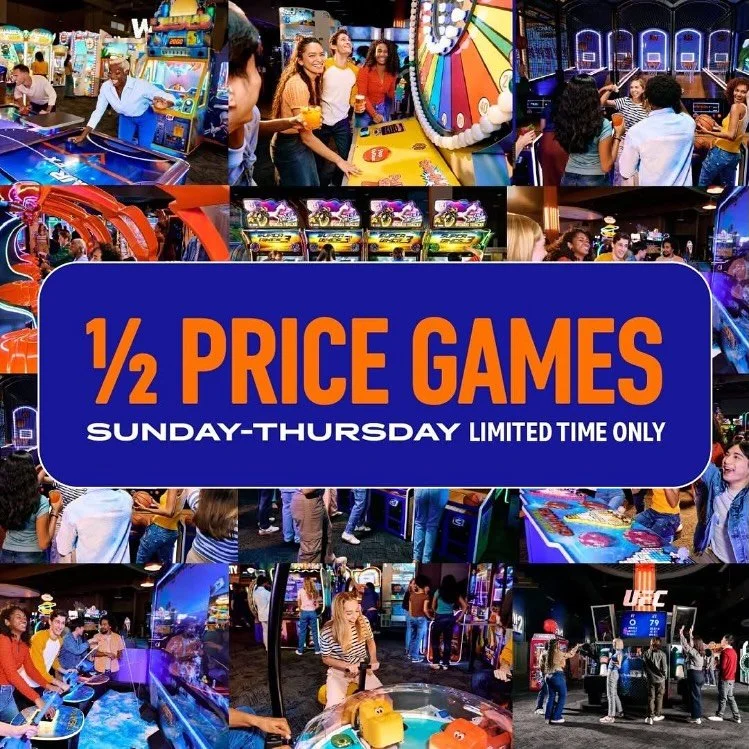 Win big at @daveandbusters.cctx with 1/2 price games Sunday-Thursday! Try their newest games Perfect Pump ⛽️ and Slush Rush 🍧. #dingdingding