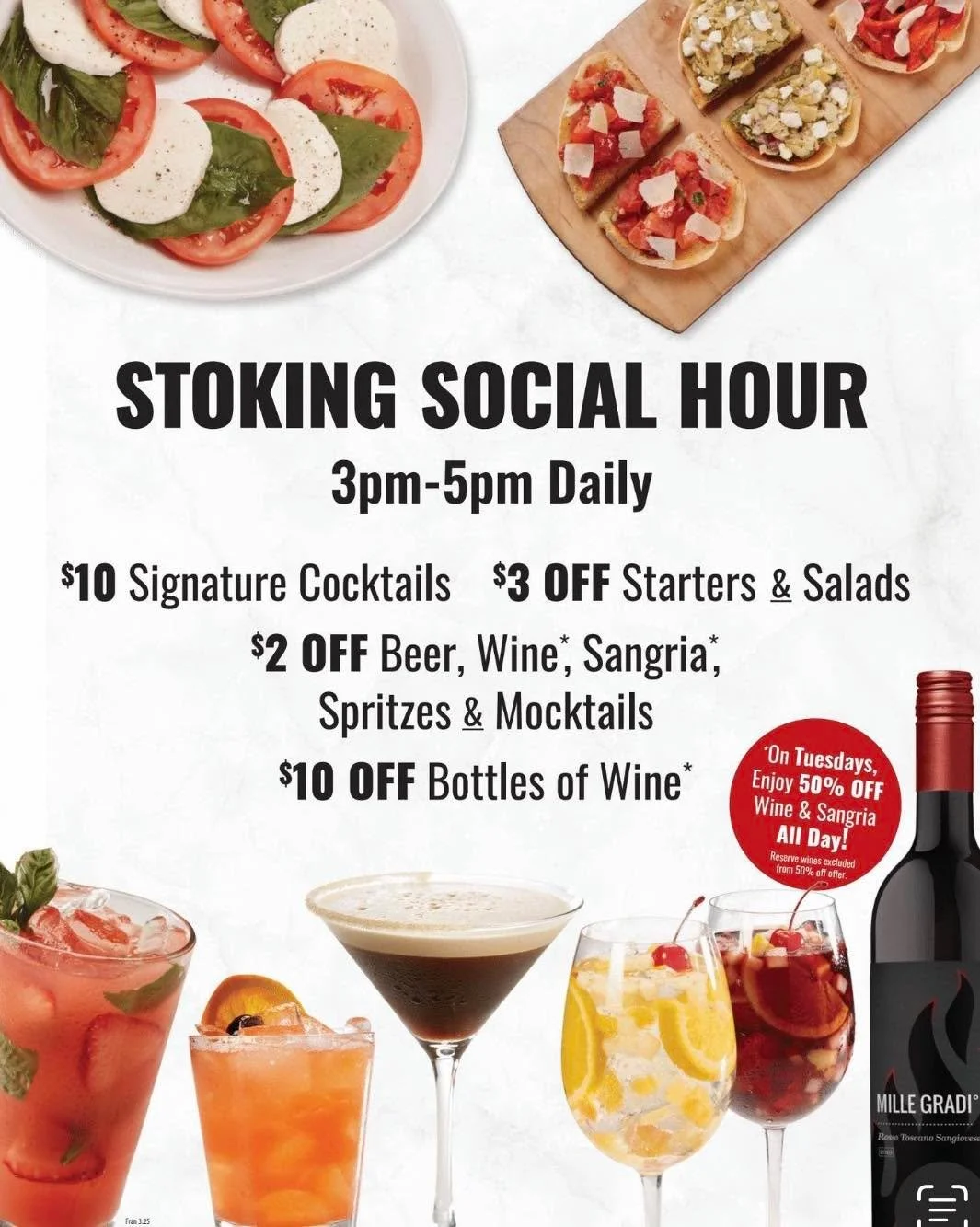 What is &ldquo;Stoking Hour?&rdquo; Every afternoon as the cooks tend to their ovens to ensure that Grimaldi's perfect, signature crisp, guests can enjoy discounts on starts, cocktails, and wine from 3pm-5pm! 🍷🧀🍅